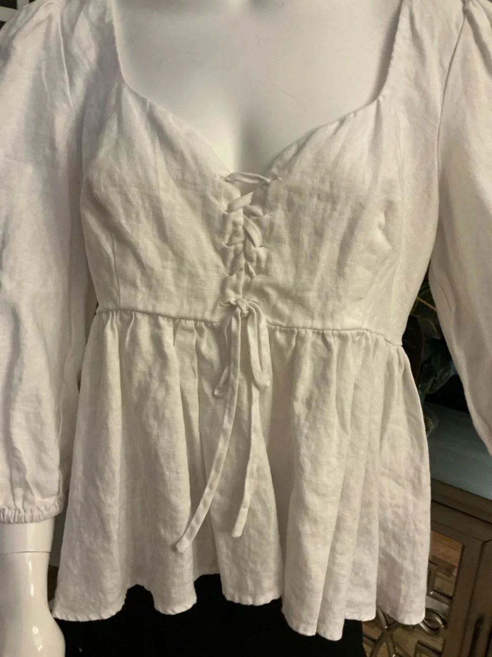 Reformation Linen White Puff-Sleeve Babydoll Top Lace-Up Bodice Boho Size 10